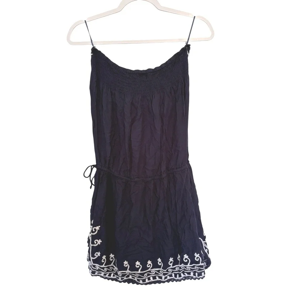 Vtg Venus Whimsigoth‎ Embroidered Romper Navy Blue White Strapless Coverup 2000s
